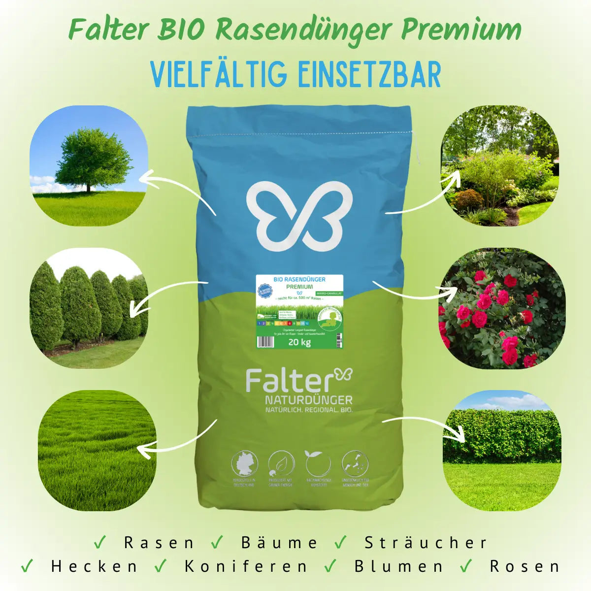 Falter BIO Rasendünger Premium. Vielfältig einsetzbar: Rasen, Bäume, Sträucher, Hecken, Koniferen, Blumen, Rosen