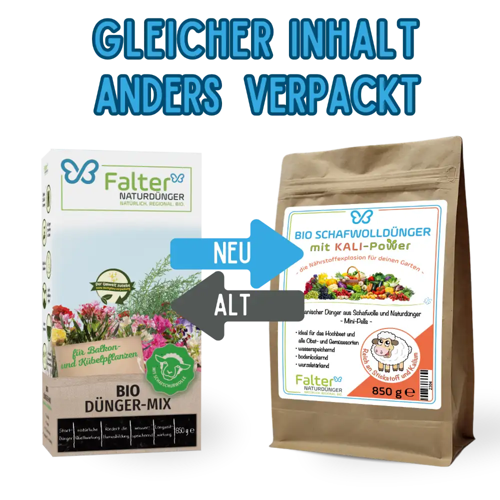 Früher: Falter BIO Dünger-Mix für Balkon- und Kübelpflanzen, jetzt: Falter BIO Schafwolldünger mit KALI-Power