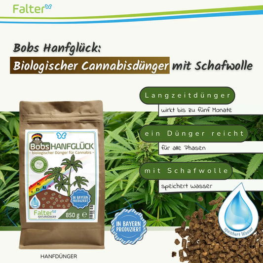 Bobs Hanfglück: Biologischer Cannabisdünger mit Schafwolle. Langzeitdünger - wirkt bis zu fünf Monate. Ein Dünger reicht für alle Phasen. Mit Schafwolle: speichert Wasser.