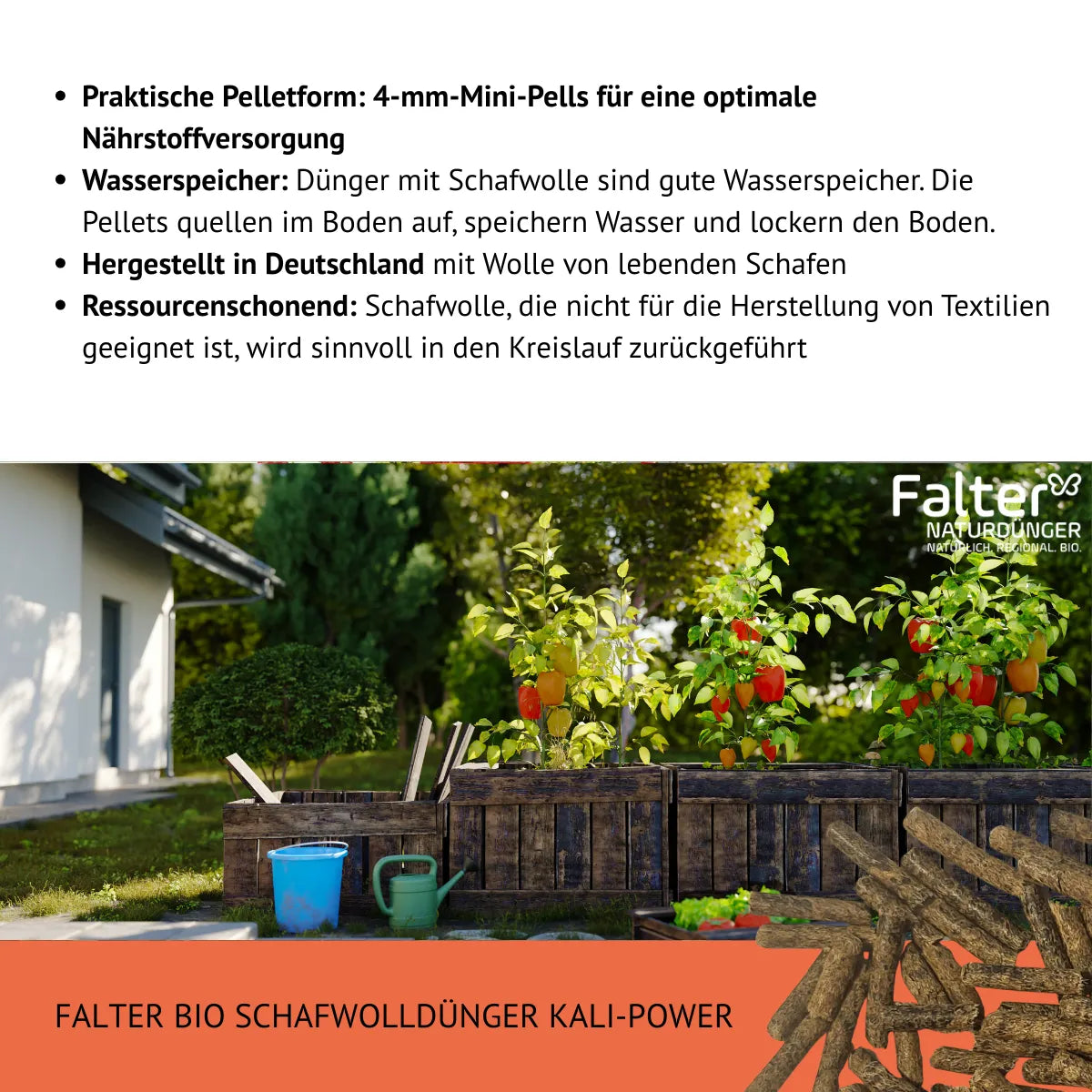 Praktische Pelletform: 4-mm-Mini-Pells für eine optimale Nährstoffversorgung. Wasserspeicher: Dünger mit Schafwolle sind gute Wasserspeicher. Die Pellets quellen im Boden auf, speichern Wasser und lockern den Boden. Hergestellt in Deutschland mit Wolle von lebenden Schafen. Ressourcenschonend: Schafwolle, die nicht für die Herstellung von Textilien geeignet ist, wird sinnvoll in den Kreislauf zurückgeführt.