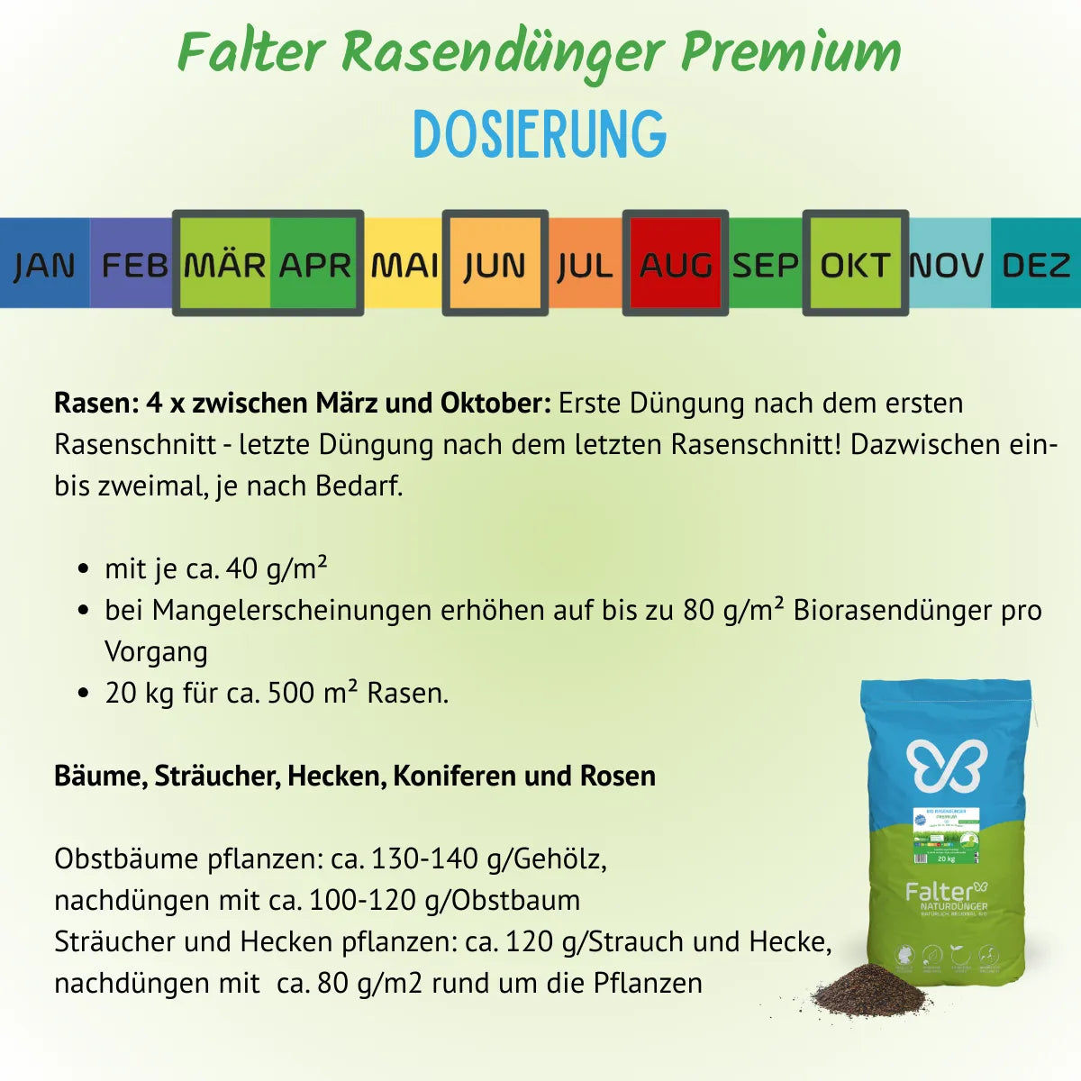 Dosierung: Rasen: 4 x zwischen März und Oktober: Erste Düngung nach dem ersten Rasenschnitt - letzte Düngung nach dem letzten Rasenschnitt! Dazwischen ein- bis zweimal, je nach Bedarf mit je ca. 40 g/m²; bei Mangelerscheinungen erhöhen auf bis zu 80 g/m². 20 kg für ca. 500 m² Rasen.
Bäume, Sträucher, Hecken, Koniferen und Rosen: Obstbäume pflanzen: ca. 130-140 g/Gehölz, nachdüngen mit ca. 100-120 g/Obstbaum. Sträucher und Hecken pflanzen: ca. 120 g/Strauch und Hecke,
nachdüngen mit ca. 80 g/m2