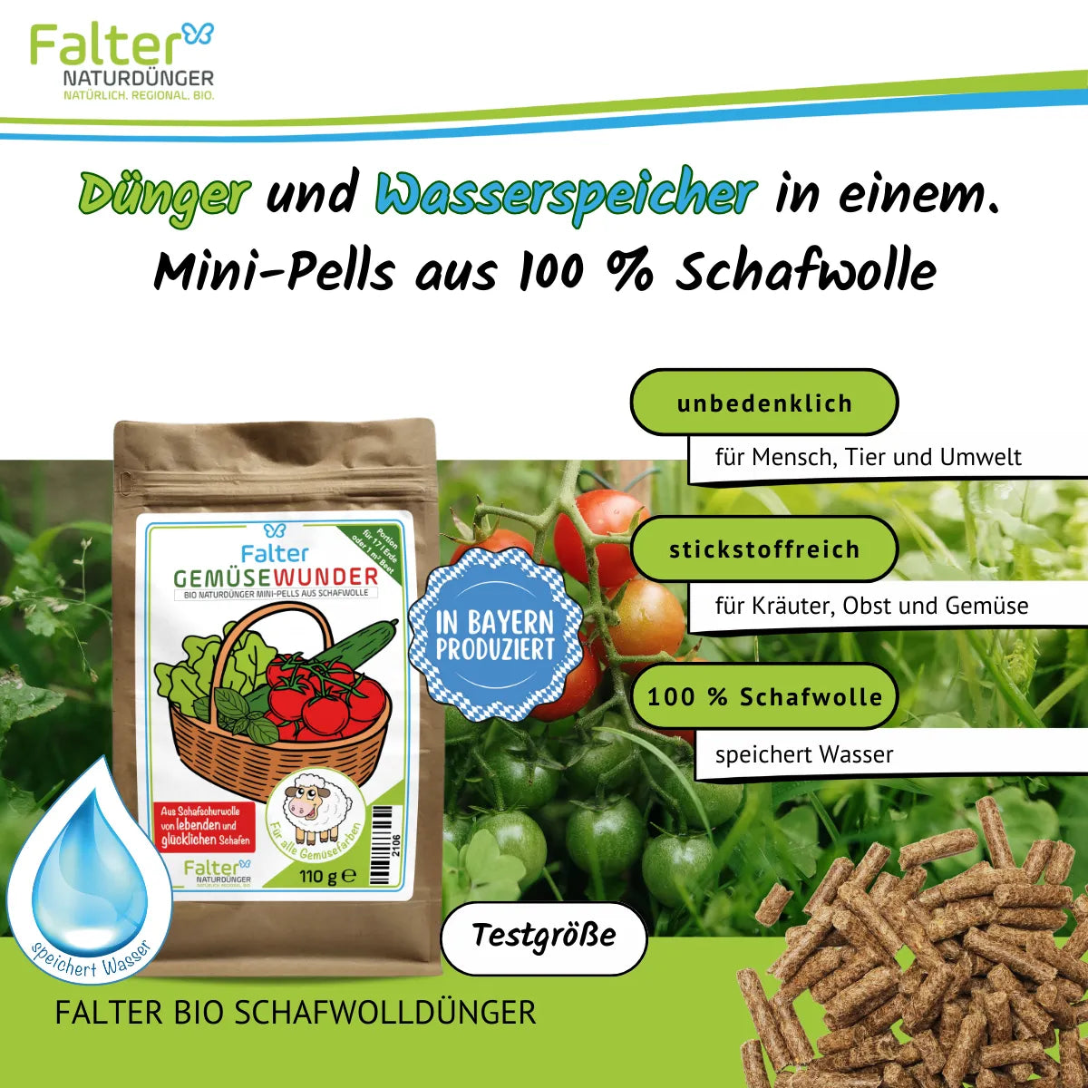 Falter Gemüsewunder bzw. BIO Schafwolldünger Mini-Pells 110 g, Testgröße: Dünger und Wasserspeicher in einem: Schafwollpellets aus 100 % Schafwolle. Unbedenklich für Mensch, Tier und Umwelt. Stickstoffreich für Kräuter, Obst und Gemüse. 100 % Schafwolle: speichert Wasser.