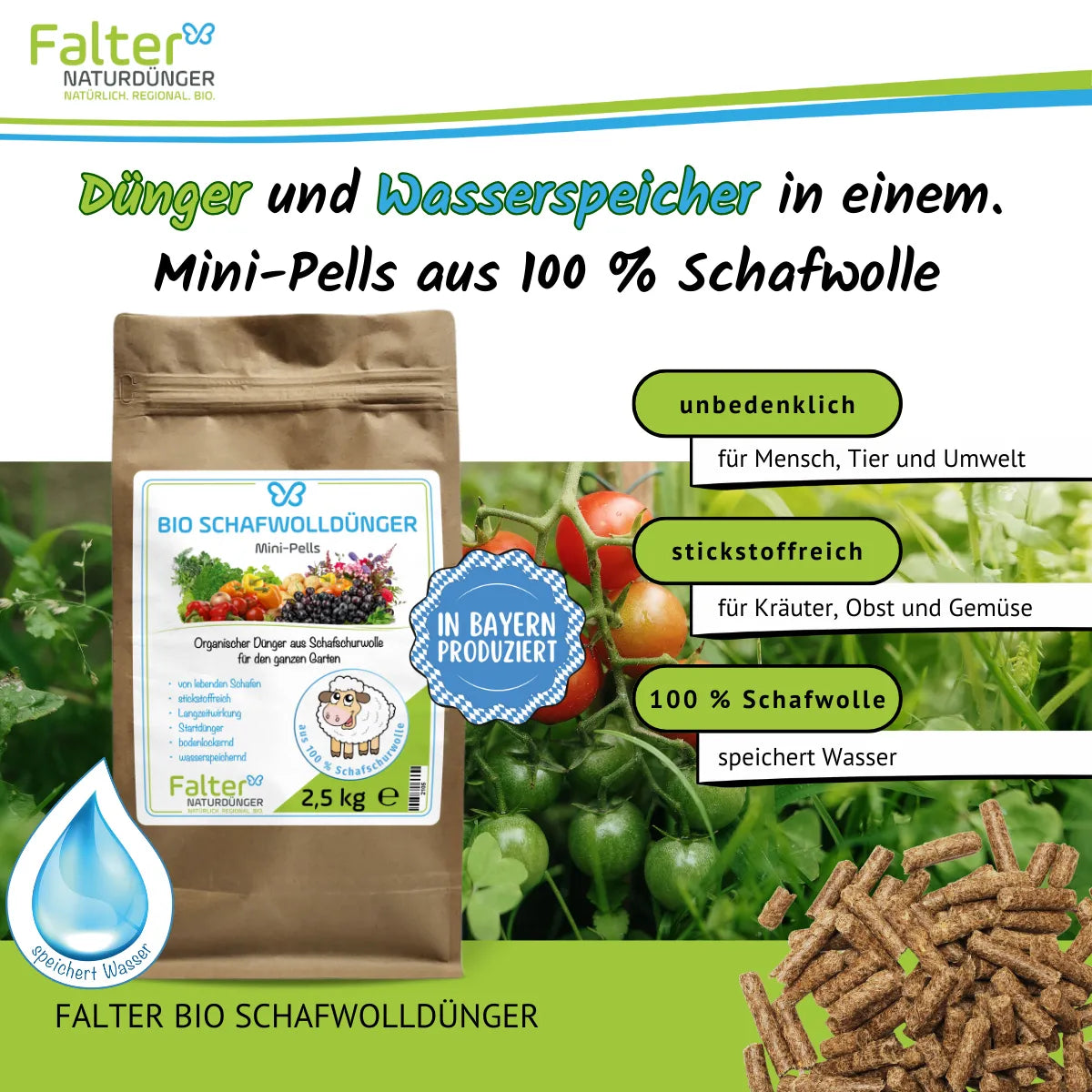Falter BIO Schafwolldünger Mini-Pells 2,5 kg: Dünger und Wasserspeicher in einem: Schafwollpellets aus 100 % Schafwolle. Unbedenklich für Mensch, Tier und Umwelt. Stickstoffreich für Kräuter, Obst und Gemüse. 100 % Schafwolle: speichert Wasser.