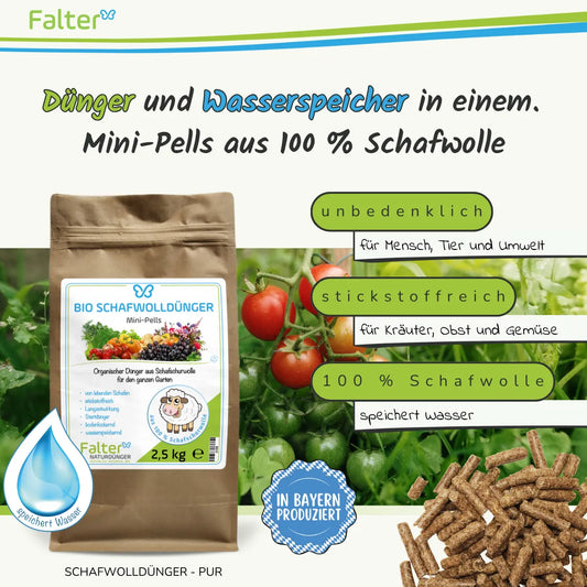 Falter BIO Schafwolldünger Mini-Pells 2,5 kg: Dünger und Wasserspeicher in einem: Schafwollpellets aus 100 % Schafwolle. Unbedenklich für Mensch, Tier und Umwelt. Stickstoffreich für Kräuter, Obst und Gemüse. 100 % Schafwolle: speichert Wasser.