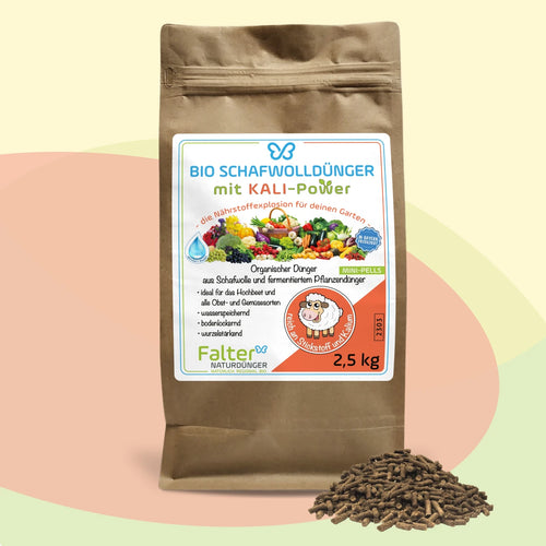 Falter BIO Schafwolldünger mit KALI-Power Mini-Pells 2,5 kg - Gemüse- und Hochbeetdünger, Balkon- und Kübelpflanzendünger, zur Neuanlage eines Rasens