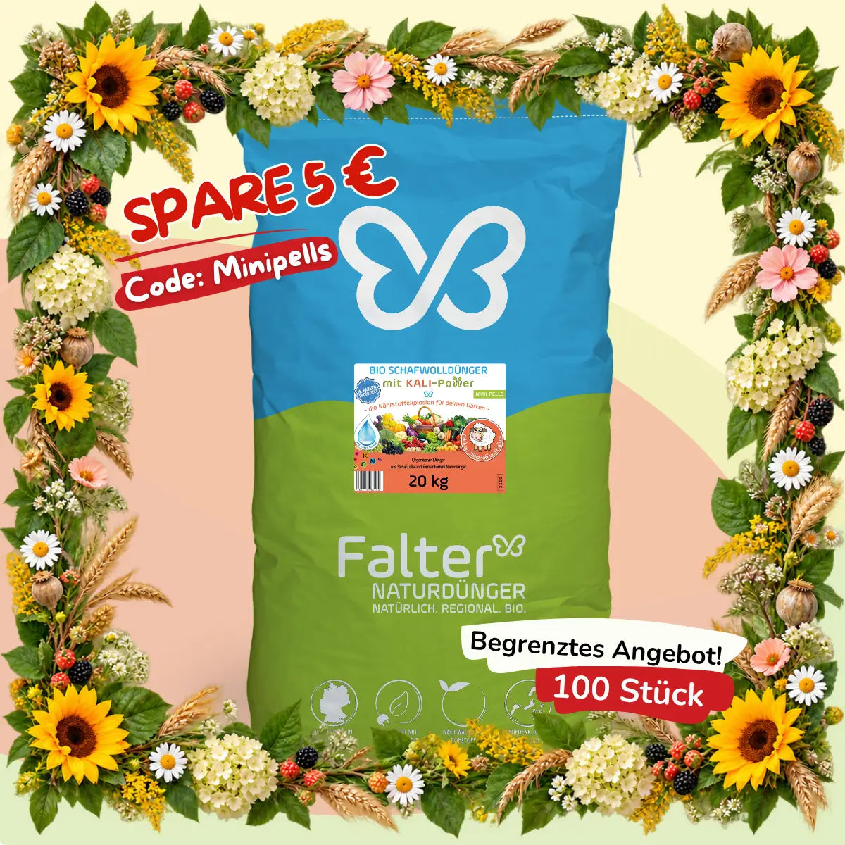 Falter BIO Schafwollpellets mit KALI-Power 20 kg - Schafwolldünger Mini-Pells