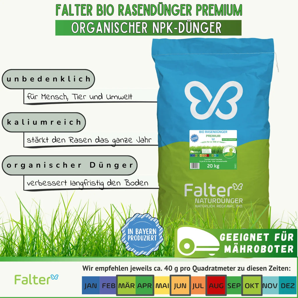 Falter BIO Rasendünger Premium - Organischer NPK-Dünger. Unbedenklich für Mensch, Tier und Umwelt. Kaliumreich: stärkt den Rasen das ganze Jahr. Organische Rohstoffe: verbessern langfristig den Boden. Geeignet für Mähroboter. Multifunktionsdünger für Rasen, Bäume, Sträucher, Hecken, Koniferen und Rosen. Wir empfehlen ca. 40 g pro Quadratmeter zu diesen Zeiten: März/April, Juni, August, Oktober.
