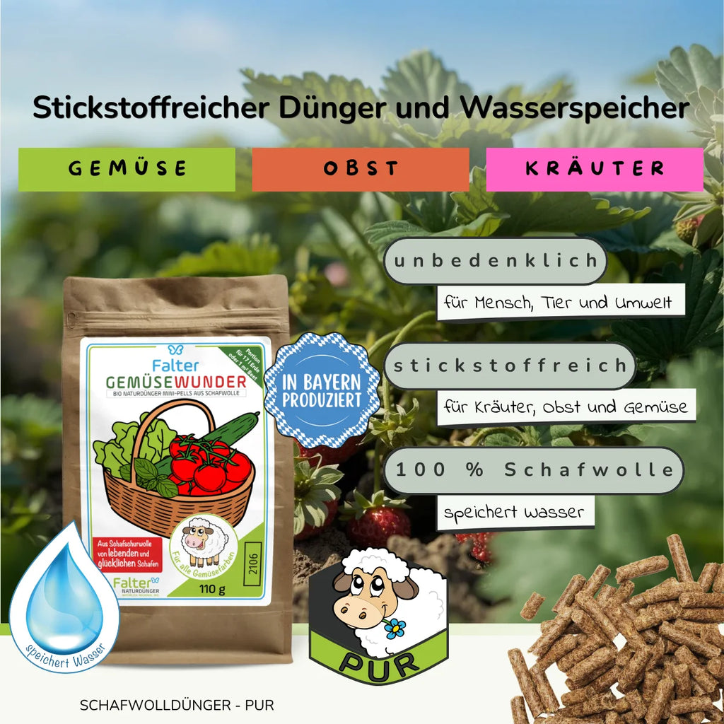 Falter Gemüsewunder bzw. BIO Schafwolldünger Mini-Pells 110 g, Testgröße: Dünger und Wasserspeicher in einem: Schafwollpellets aus 100 % Schafwolle. Unbedenklich für Mensch, Tier und Umwelt. Stickstoffreich für Kräuter, Obst und Gemüse. 100 % Schafwolle: speichert Wasser. 