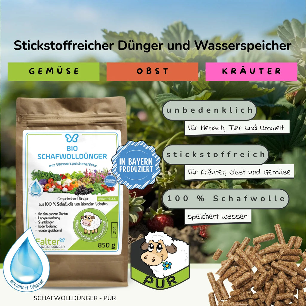 Falter BIO Schafwolldünger Mini-Pells 850 g: Dünger und Wasserspeicher in einem: Schafwollpellets aus 100 % Schafwolle. Unbedenklich für Mensch, Tier und Umwelt. Stickstoffreich für Kräuter, Obst und Gemüse. 100 % Schafwolle: speichert Wasser. 