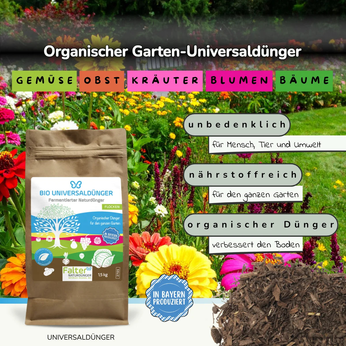 Falter BIO Universaldünger: Organischer Gartendünger. Unbedenlich für Mensch, Tier und Umwelt. Nährstoffreich für den ganzen Garten. Organischer Dünger: verbessert den Boden. Falter Naturdünger.