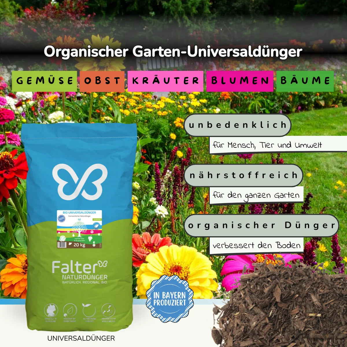 Falter BIO Universaldünger: Organischer Gartendünger. Unbedenlich für Mensch, Tier und Umwelt. Nährstoffreich für den ganzen Garten. Organischer Dünger: verbessert den Boden. Falter Naturdünger.