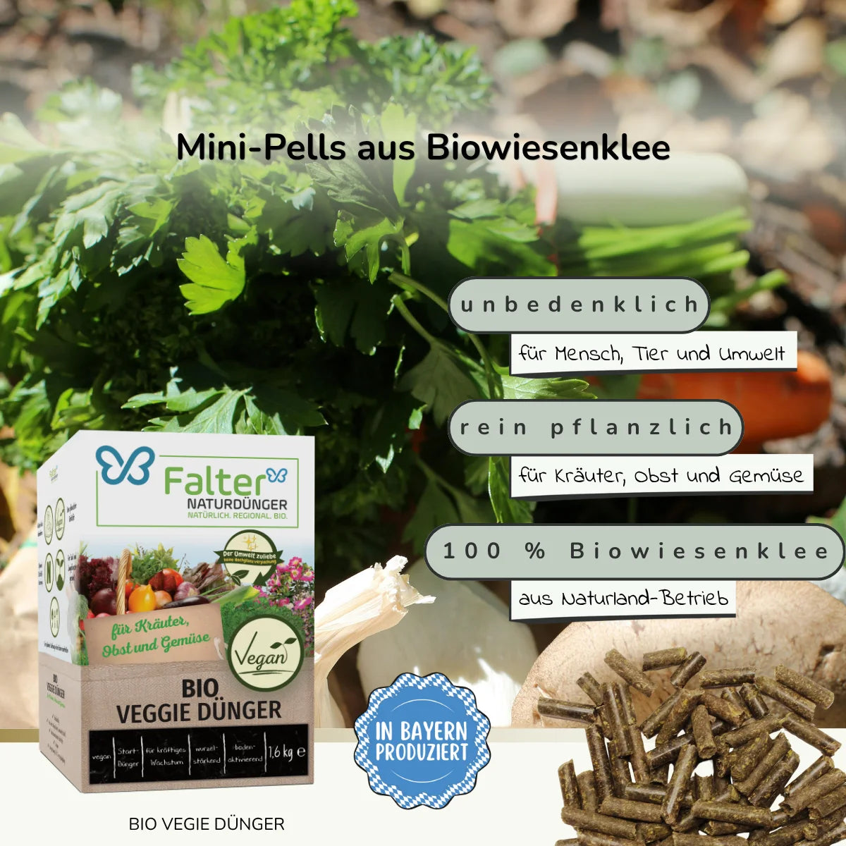 rein pflanzliche Dünger-Pellests. Unbedenklich für Mensch, Tier und Umwelt. Rein pflanzlich für Kräuter, Obst, Gemüse. 100 % Biowiesenklee aus Naturland-Betrieb.