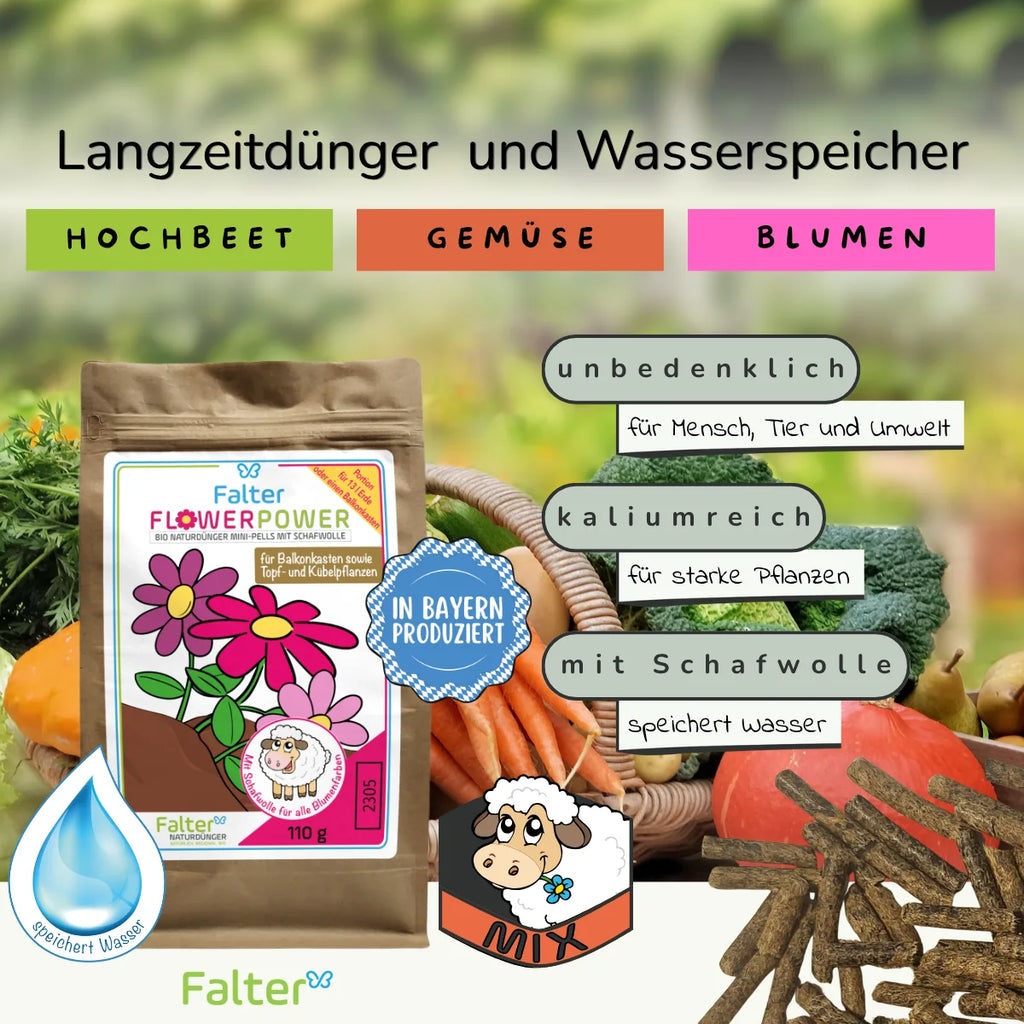 Falter FlowerPower bzw. BIO Schafwolldünger mit KALI-Power 110 g, Testgröße: Nährstoffkick und Wasserspeicher. Unbedenklich für Mensch, Tier und Umwelt. Kaliumreich für Balkonpflanzen und Gemüse. Mit Schafwolle: speichert Wasser.