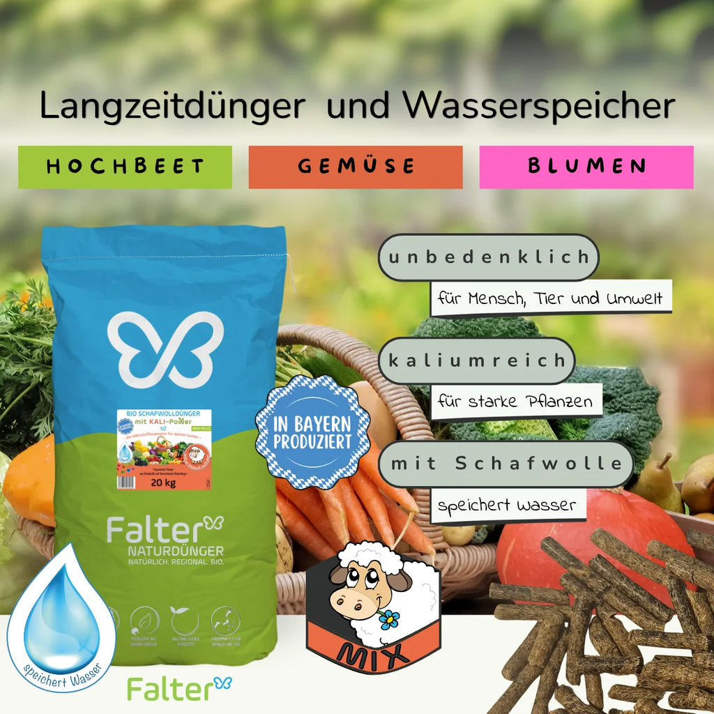 Falter BIO Schafwolldünger mit KALI-Power 20 kg: Nährstoffkick und Wasserspeicher. Unbedenklich für Mensch, Tier und Umwelt. Kaliumreich für Balkonpflanzen und Gemüse. Mit Schafwolle: speichert Wasser.