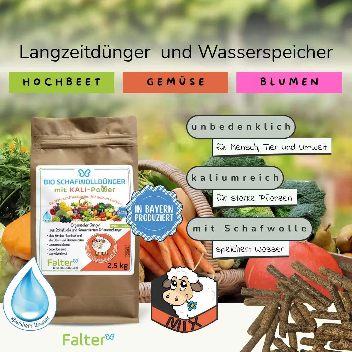 Falter BIO Schafwolldünger mit KALI-Power 2500 g: Nährstoffkick und Wasserspeicher. Unbedenklich für Mensch, Tier und Umwelt. Kaliumreich für Balkonpflanzen und Gemüse. Mit Schafwolle: speichert Wasser.
