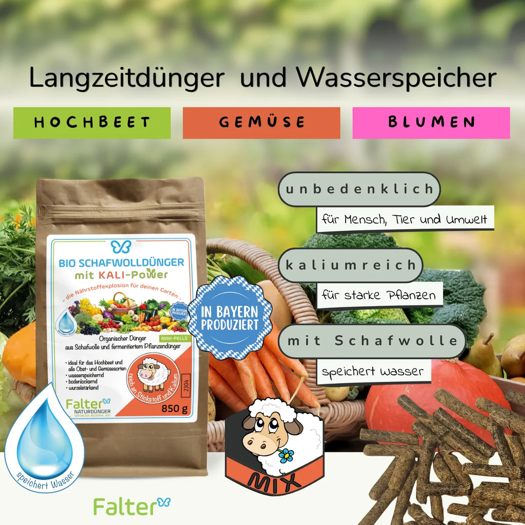 Falter BIO Schafwolldünger mit KALI-Power 850 g: Nährstoffkick und Wasserspeicher. Unbedenklich für Mensch, Tier und Umwelt. Kaliumreich für Balkonpflanzen und Gemüse. Mit Schafwolle: speichert Wasser.