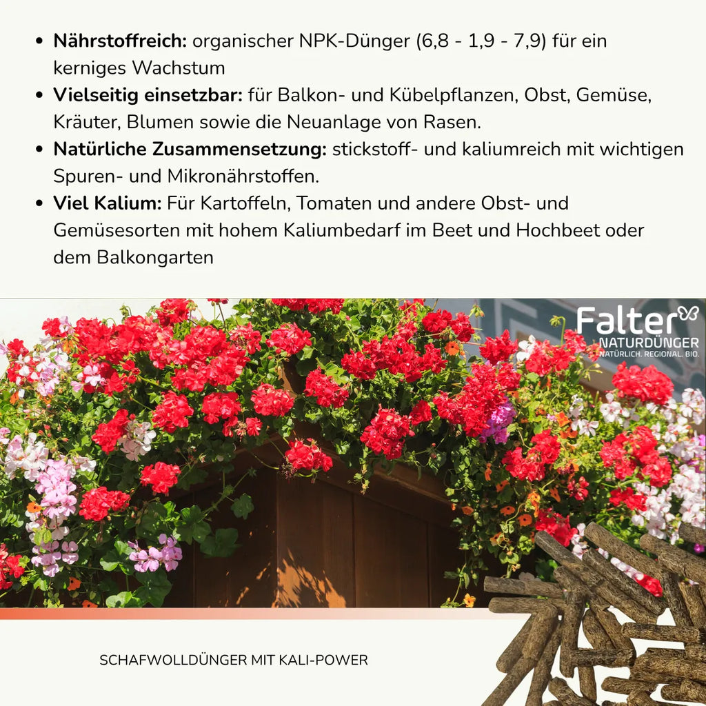 Nährstoffreich: organischer NPK-Dünger (6,8 - 1,9 - 7,9) für ein kerniges Wachstum. Vielseitig einsetzbar: für Balkon- und Kübelpflanzen, Obst, Gemüse, Kräuter, Blumen sowie die Neuanlage von Rasen. Natürliche Zusammensetzung: stickstoff- und kaliumreich mit wichtigen Spuren- und Mikronährstoffen. Viel Kalium: Für Kartoffeln, Tomaten und andere Obst- und Gemüsesorten mit hohem Kaliumbedarf im Beet und Hochbeet oder dem Balkongarten.