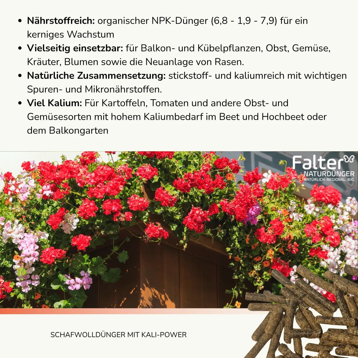 Nährstoffreich: organischer NPK-Dünger (6,8 - 1,9 - 7,9) für ein kerniges Wachstum. Vielseitig einsetzbar: für Balkon- und Kübelpflanzen, Obst, Gemüse, Kräuter, Blumen sowie die Neuanlage von Rasen. Natürliche Zusammensetzung: stickstoff- und kaliumreich mit wichtigen Spuren- und Mikronährstoffen. Viel Kalium: Für Kartoffeln, Tomaten und andere Obst- und Gemüsesorten mit hohem Kaliumbedarf im Beet und Hochbeet oder dem Balkongarten.