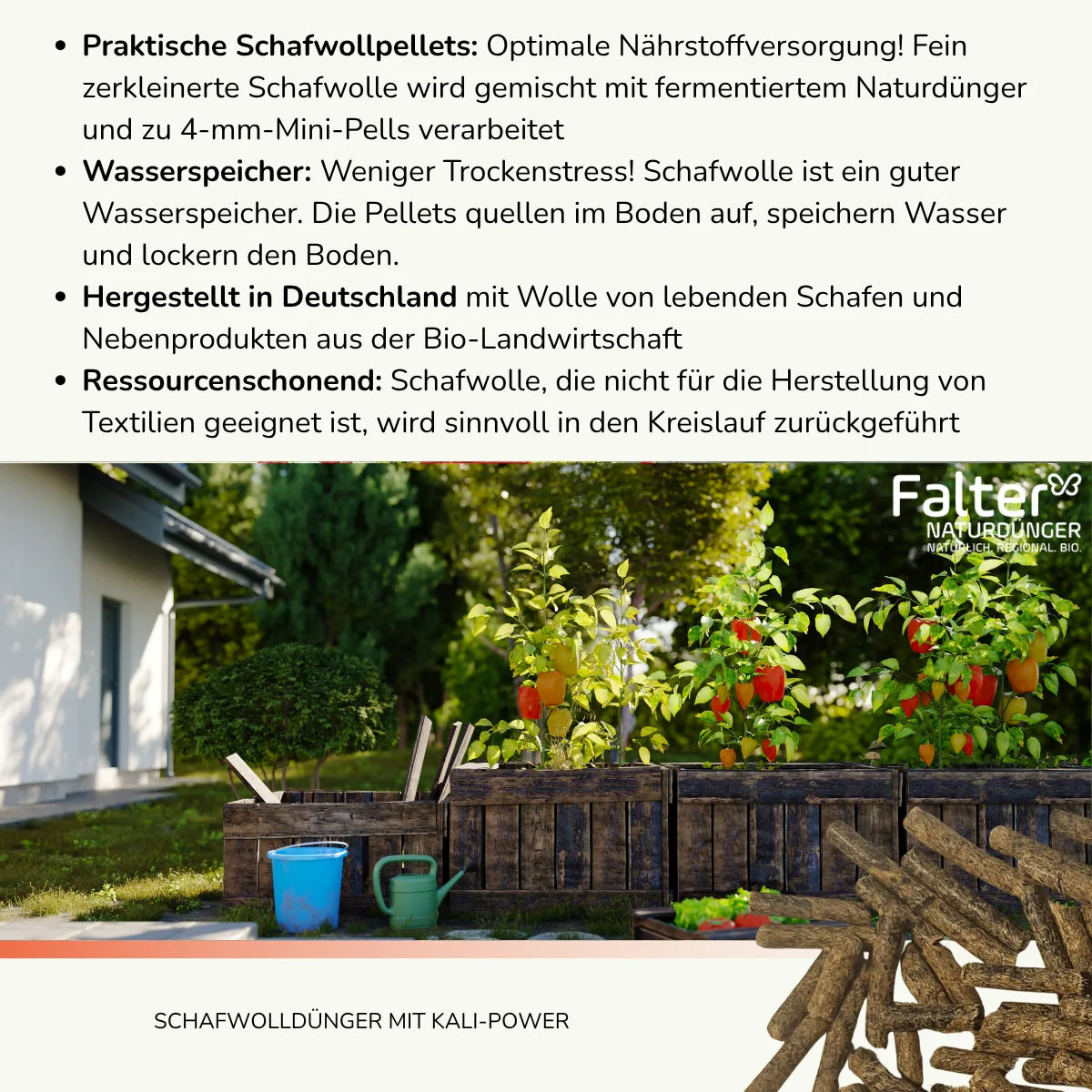 Praktische Pelletform: 4-mm-Mini-Pells für eine optimale Nährstoffversorgung. Wasserspeicher: Dünger mit Schafwolle sind gute Wasserspeicher. Die Pellets quellen im Boden auf, speichern Wasser und lockern den Boden. Hergestellt in Deutschland mit Wolle von lebenden Schafen. Ressourcenschonend: Schafwolle, die nicht für die Herstellung von Textilien geeignet ist, wird sinnvoll in den Kreislauf zurückgeführt.