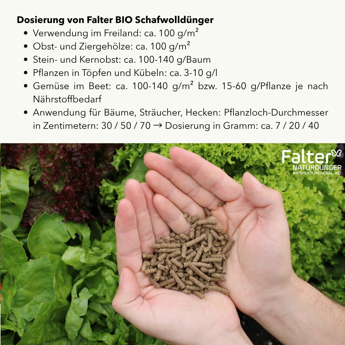 Dosierung: Verwendung im Freiland: ca. 100 g/m² / Obst- und Ziergehölze: ca. 100 g/m² / Stein- und Kernobst: ca. 100-140 g/Baum / Pflanzen in Töpfen und Kübeln: ca. 3-10 g/l / Gemüse im Beet: ca. 100-140 g/m² bzw. 15-60 g/Pflanze je nach Nährstoffbedarf / Anwendung für Bäume, Sträucher, Hecken: Pflanzloch-Durchmesser in Zentimetern: 30 / 50 / 70 → Dosierung in Gramm: ca. 7 / 20 / 40