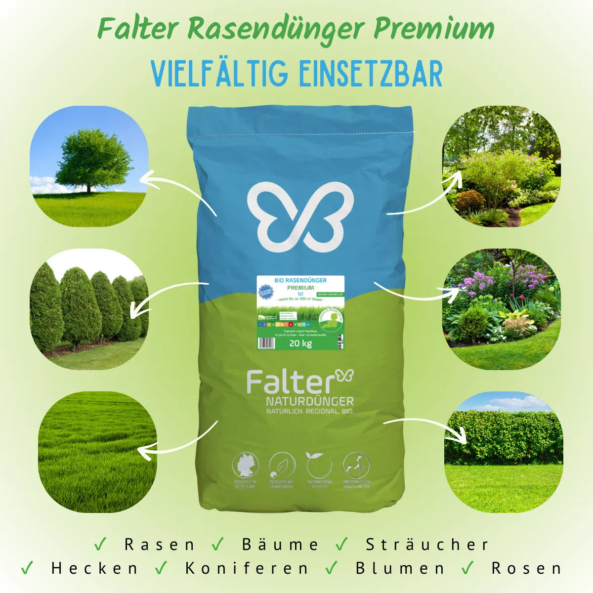 Falter Rasendünger Premium - vielfältig einsetzbar: Rasen, Bäume, Sträucher, Hecken, Koniferen, Rosen, Blumen