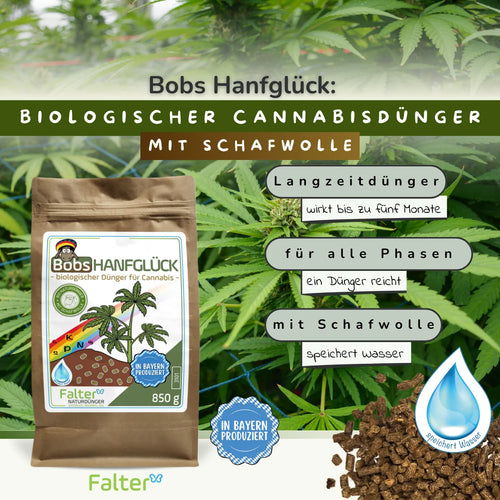 Bobs Hanfglück: Biologischer Cannabisdünger mit Schafwolle. Langzeitdünger - wirkt bis zu fünf Monate. Ein Dünger reicht für alle Phasen. Mit Schafwolle: speichert Wasser.