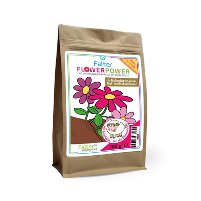 Falter Flower Power - Bio Naturdünger Mini-Pells mit Schafwolle. Für Balkonkasten sowie Topf- und Kübelpflanzen, 100 g. Portion für 12 l Erde oder einen Balkonkasten