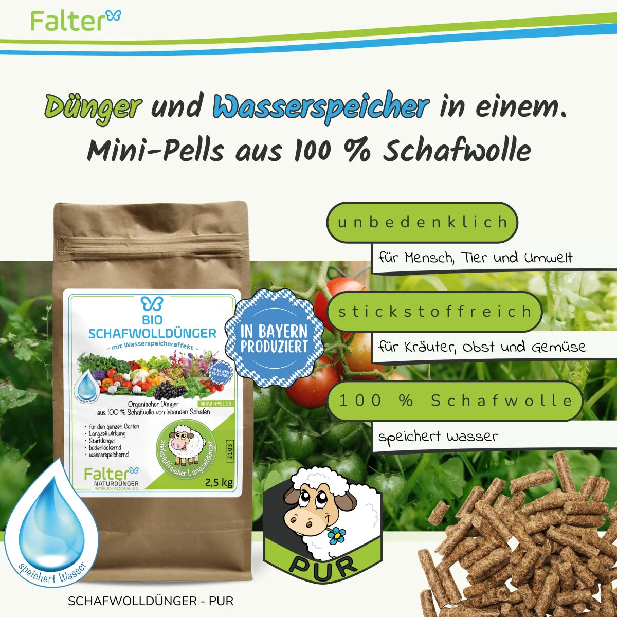 Falter BIO Schafwolldünger Mini-Pells 2,5 kg: Dünger und Wasserspeicher in einem: Schafwollpellets aus 100 % Schafwolle. Unbedenklich für Mensch, Tier und Umwelt. Stickstoffreich für Kräuter, Obst und Gemüse. 100 % Schafwolle: speichert Wasser. 