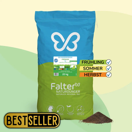 Falter Bio Rasendünger Premium 20 kg für 500 qm Rasen für Frühling, Sommer und Herbst. Organischer Dünger auch für Bäume, Sträucher, Hecken, Koniferen und Rosen