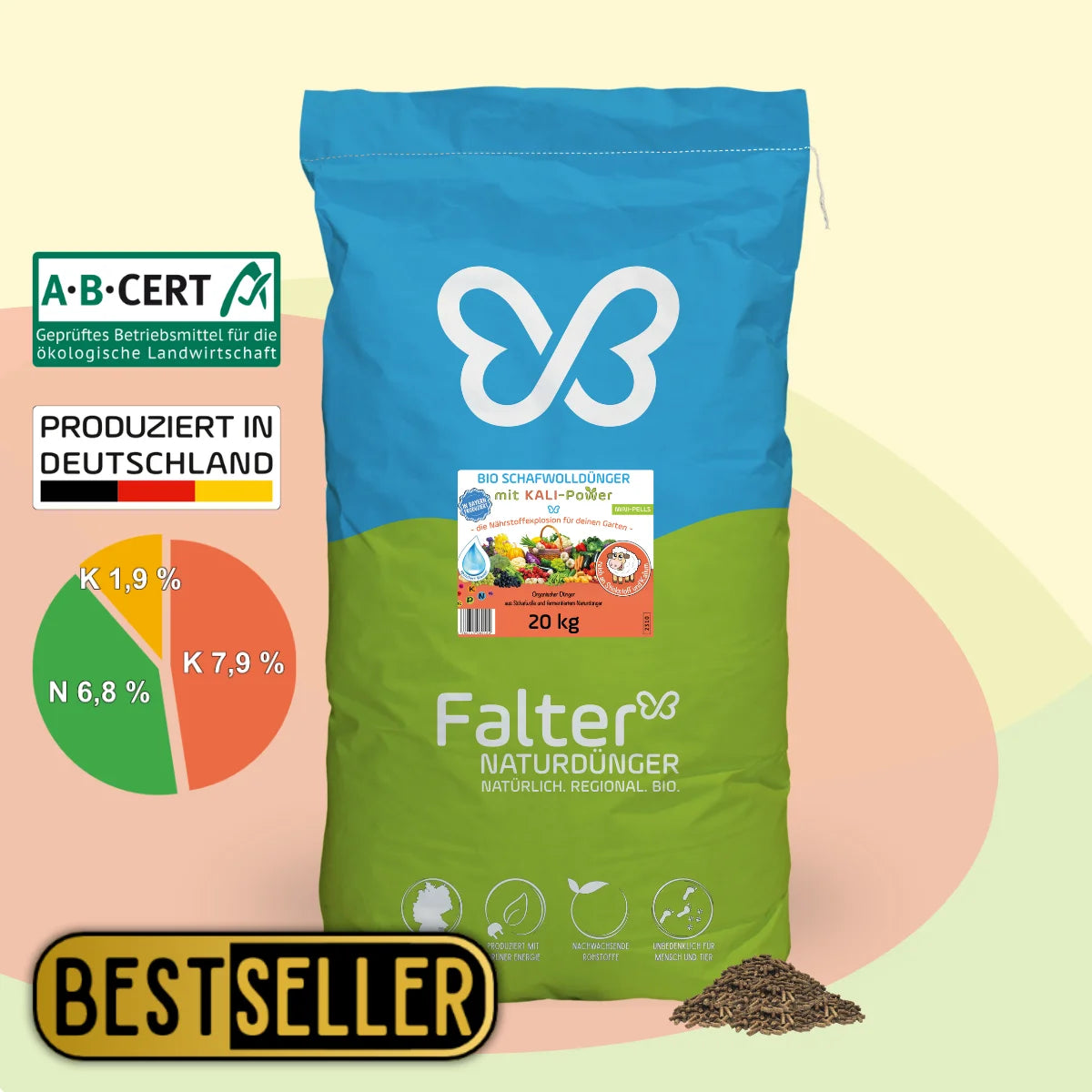 20kg Falter BIO Schafwolldünger mit KALI-Power Mini-Pells - ABCERT geprüft - Produziert in Deutschland - NPk 6,8 - 7,9 - 1,9 - kaliumreiche Schafwollpellets