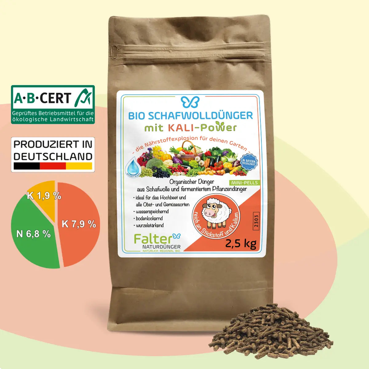 2,5kg Falter BIO Schafwolldünger mit KALI-Power Mini-Pells 2,5 kg - Gemüse- und Hochbeetdünger, Balkon- und Kübelpflanzendünger, zur Neuanlage eines Rasens - ABCERT geprüft - produziert in Deutschland - NPK 6,8 - 1,9 - 7,9