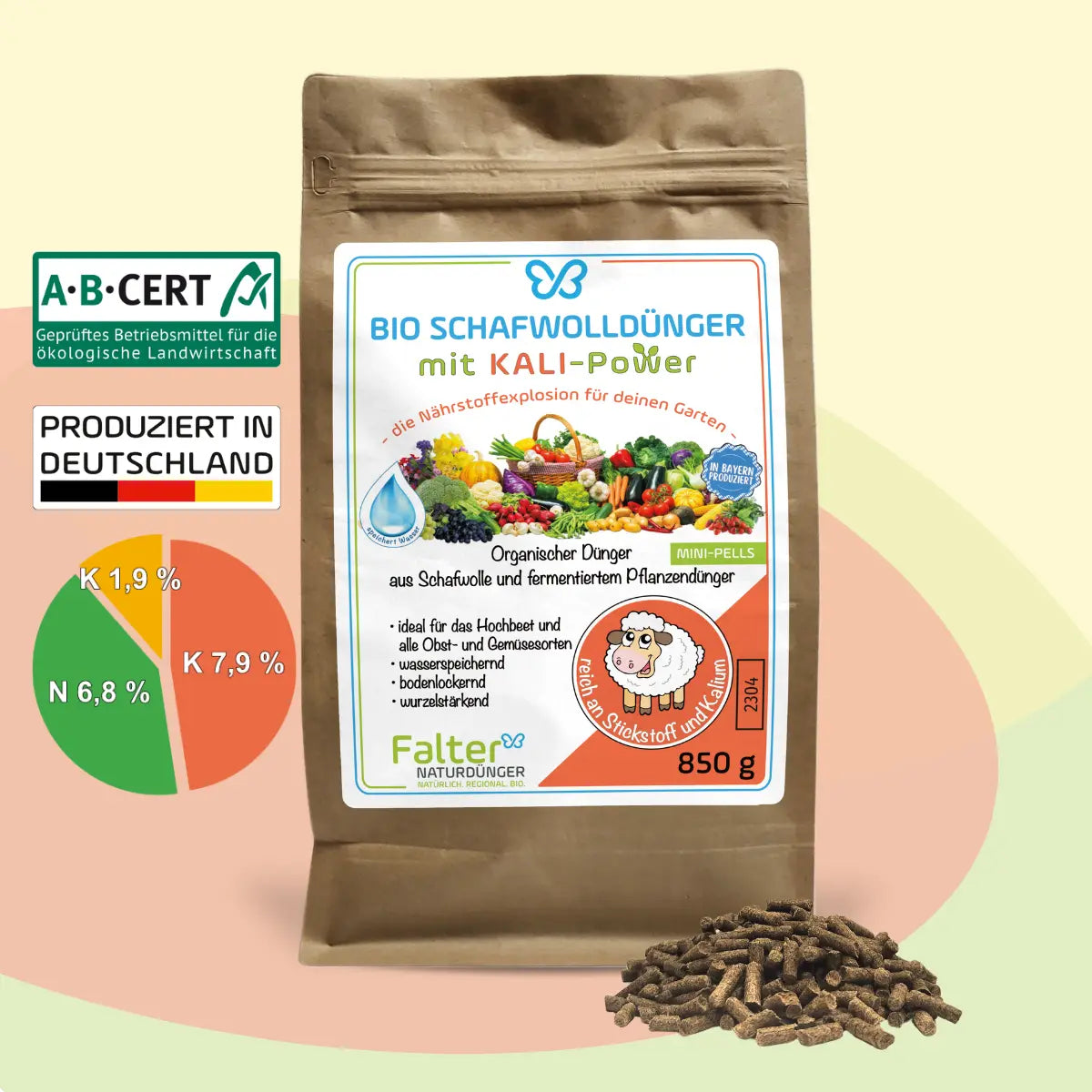 850g Falter BIO Schafwolldünger mit KALI-Power Mini-Pells 2,5 kg - Gemüse- und Hochbeetdünger, Balkon- und Kübelpflanzendünger, zur Neuanlage eines Rasens - ABCERT geprüft - produziert in Deutschland - NPK 6,8 - 1,9 - 7,9