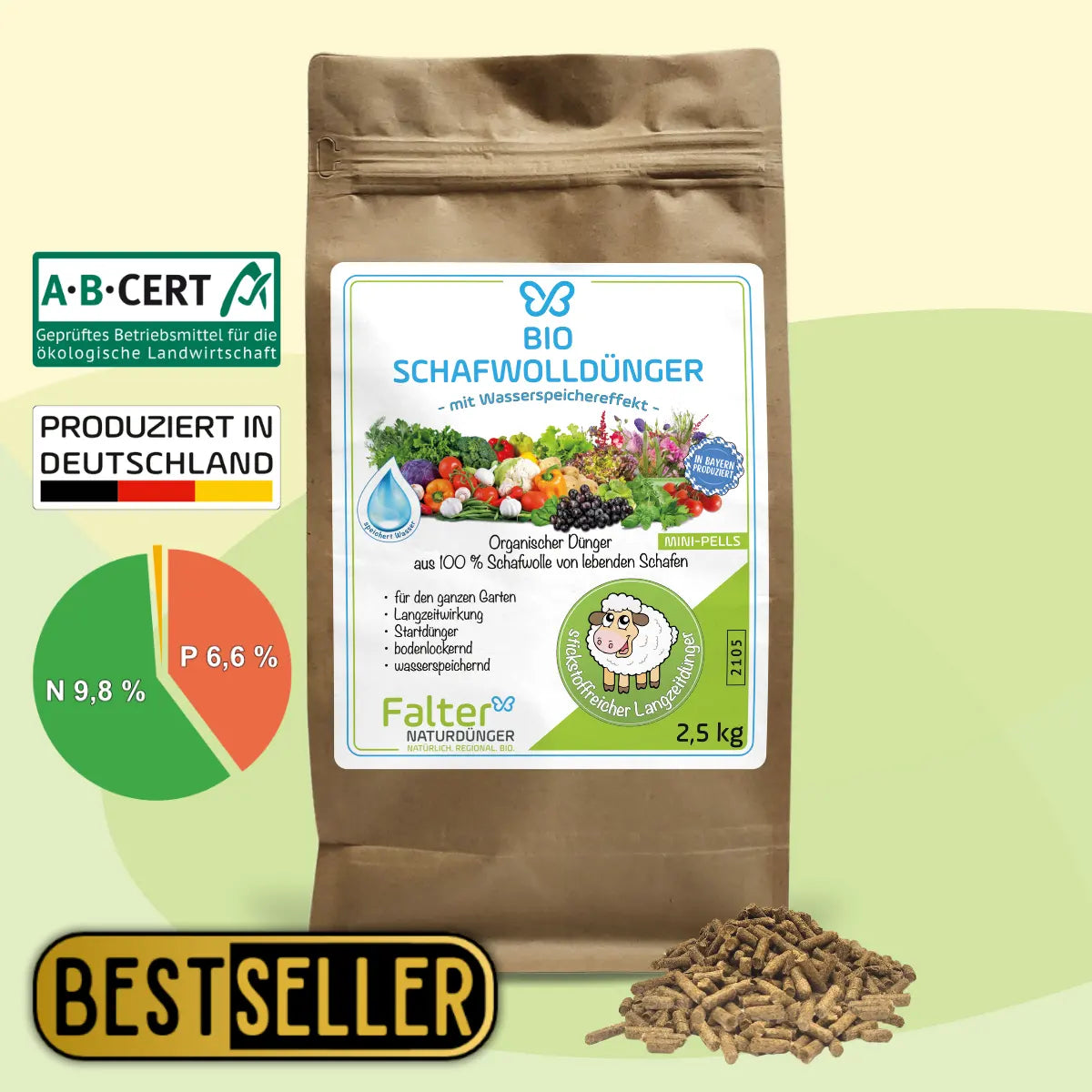 2,5 Falter BIO Schafwolldünger Mini-Pells - Schafwollpellets pur - ABCERT geprüft - produziert in Deutschland - NK - 9,8 - 6,6g