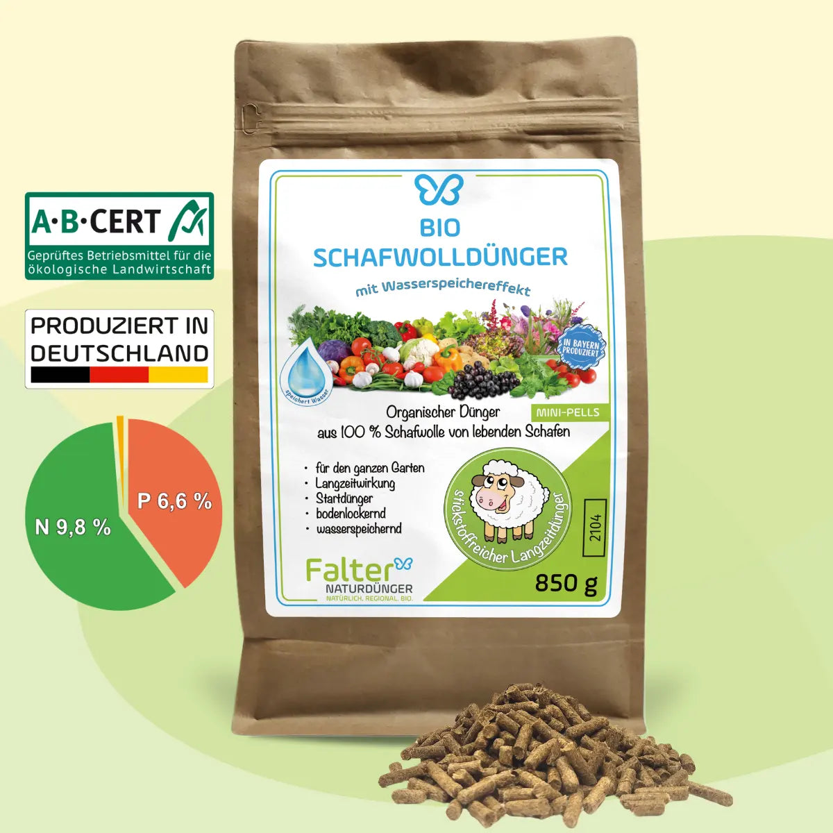 850g Falter BIO Schafwolldünger Mini-Pells - Schafwollpellets pur - ABCERT geprüft - produziert in Deutschland - NK - 9,8 - 6,6