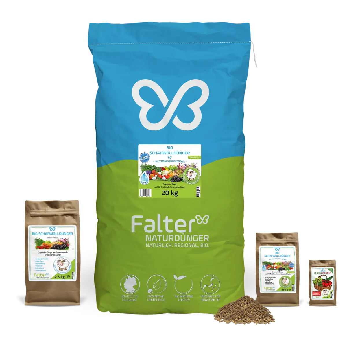 Falter Bio Schafwolldünger in vier Größen: 110 g, 850 g, 2,5 kg und 20 kg