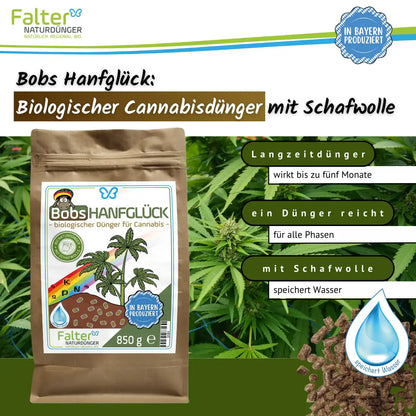 Bobs Hanfglück: biologischer Cannabisdünger mit Schafwolle. Langzeitdünger - wirkt bis zu fünf Monate. Ein Dünger reicht für alle Phasen. Mit Schafwolle: speichert Wasser.