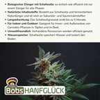 Biologischer Dünger mit Schafwolle: so einfach wie effizient mit nur einem Dünger für alle Phasen. Natürliche Inhaltsstoffe: Aus Schafwolle und fermentiertem Naturdünger. Reich an Sekundär- und Spurennährstoffen. Langzeitwirkung: Das Schafwollgranulat wirkt bis zu 5 Monate. Für Indoor und Outdoor: Geeignet für Innen- und Außenanbau von Cannabis-Pflanzen in Töpfen und im Beet. Umweltfreundlich: Vorhandene Ressourcen werden effizient genutzt. Wasserspeicher: Schafwolle speichert Wasser, lockert den Boden