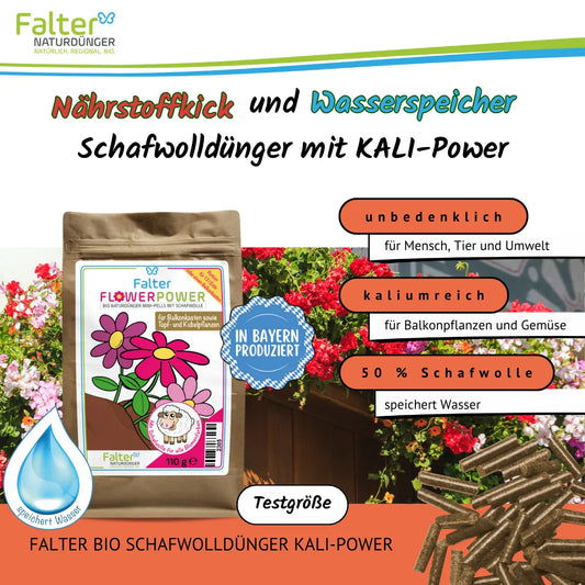 Falter FlowerPower bzw. BIO Schafwolldünger mit KALI-Power 110 g, Testgröße: Nährstoffkick und Wasserspeicher. Unbedenklich für Mensch, Tier und Umwelt. Kaliumreich für Balkonpflanzen und Gemüse. Mit Schafwolle: speichert Wasser.