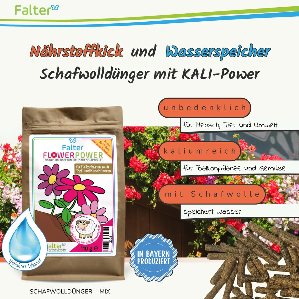 Falter FlowerPower bzw. BIO Schafwolldünger mit KALI-Power 110 g, Testgröße: Nährstoffkick und Wasserspeicher. Unbedenklich für Mensch, Tier und Umwelt. Kaliumreich für Balkonpflanzen und Gemüse. Mit Schafwolle: speichert Wasser.