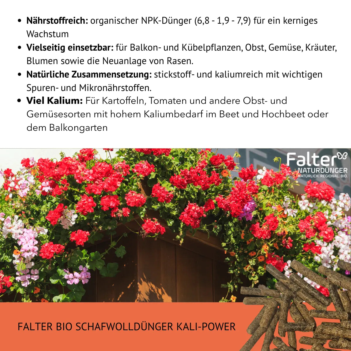 Nährstoffreich: organischer NPK-Dünger (6,8 - 1,9 - 7,9) für ein kerniges Wachstum. Vielseitig einsetzbar: für Balkon- und Kübelpflanzen, Obst, Gemüse, Kräuter, Blumen sowie die Neuanlage von Rasen. Natürliche Zusammensetzung: stickstoff- und kaliumreich mit wichtigen Spuren- und Mikronährstoffen. Viel Kalium: Für Kartoffeln, Tomaten und andere Obst- und Gemüsesorten mit hohem Kaliumbedarf im Beet und Hochbeet oder dem Balkongarten.