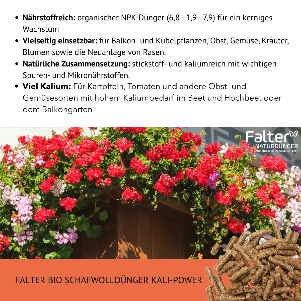 Nährstoffreich: organischer NPK-Dünger (6,8 - 1,9 - 7,9) für ein kerniges Wachstum. Vielseitig einsetzbar: für Balkon- und Kübelpflanzen, Obst, Gemüse, Kräuter, Blumen sowie die Neuanlage von Rasen. Natürliche Zusammensetzung: stickstoff- und kaliumreich mit wichtigen Spuren- und Mikronährstoffen. Viel Kalium: Für Kartoffeln, Tomaten und andere Obst- und Gemüsesorten mit hohem Kaliumbedarf im Beet und Hochbeet oder dem Balkongarten.