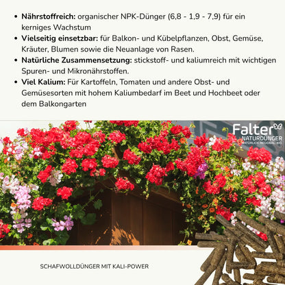 Nährstoffreich: organischer NPK-Dünger (6,8 - 1,9 - 7,9) für ein kerniges Wachstum. Vielseitig einsetzbar: für Balkon- und Kübelpflanzen, Obst, Gemüse, Kräuter, Blumen sowie die Neuanlage von Rasen. Natürliche Zusammensetzung: stickstoff- und kaliumreich mit wichtigen Spuren- und Mikronährstoffen. Viel Kalium: Für Kartoffeln, Tomaten und andere Obst- und Gemüsesorten mit hohem Kaliumbedarf im Beet und Hochbeet oder dem Balkongarten.
