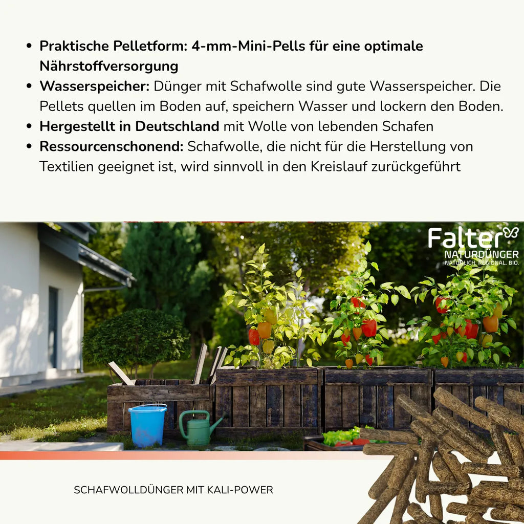 Praktische Pelletform: 4-mm-Mini-Pells für eine optimale Nährstoffversorgung. Wasserspeicher: Dünger mit Schafwolle sind gute Wasserspeicher. Die Pellets quellen im Boden auf, speichern Wasser und lockern den Boden. Hergestellt in Deutschland mit Wolle von lebenden Schafen. Ressourcenschonend: Schafwolle, die nicht für die Herstellung von Textilien geeignet ist, wird sinnvoll in den Kreislauf zurückgeführt.