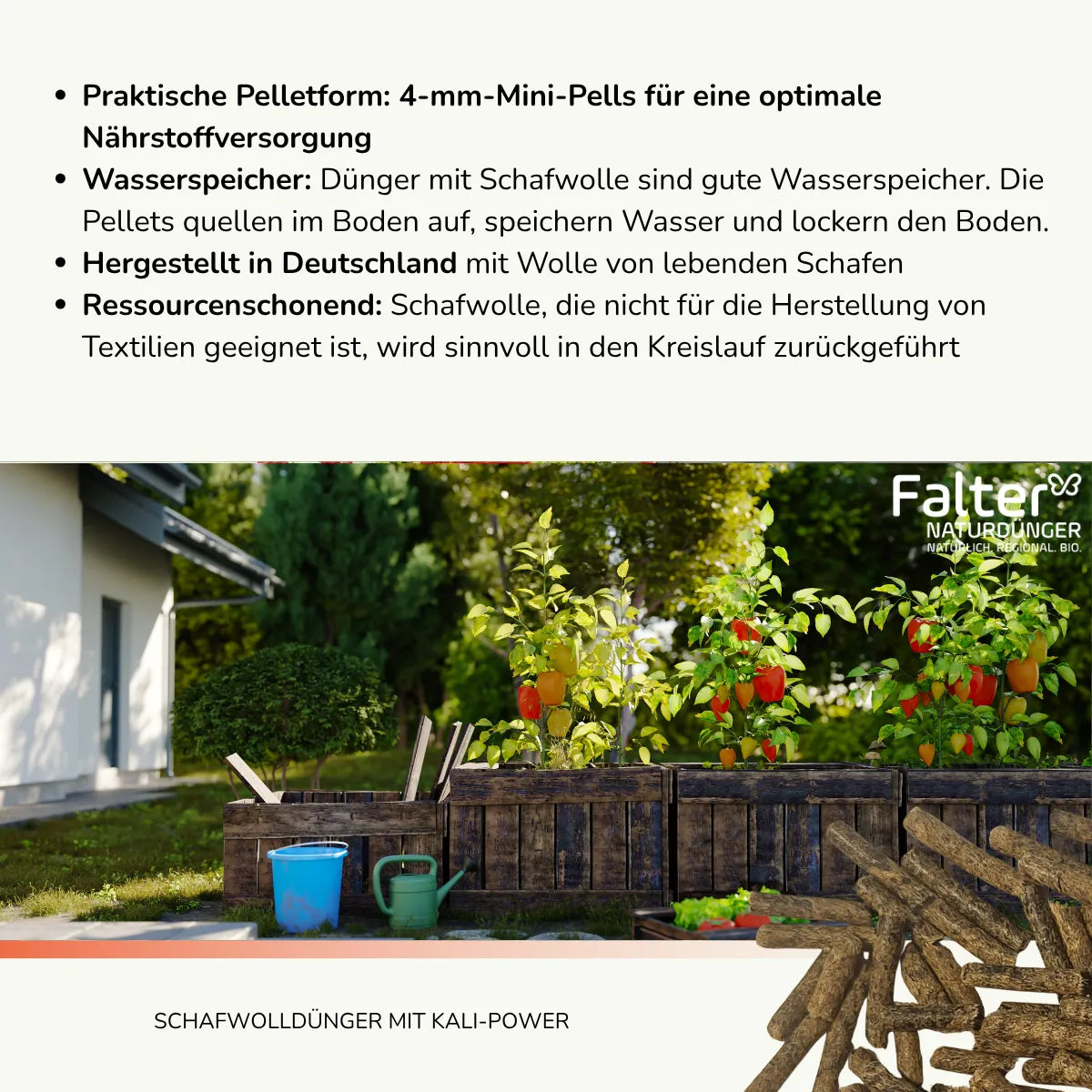 Praktische Pelletform: 4-mm-Mini-Pells für eine optimale Nährstoffversorgung. Wasserspeicher: Dünger mit Schafwolle sind gute Wasserspeicher. Die Pellets quellen im Boden auf, speichern Wasser und lockern den Boden. Hergestellt in Deutschland mit Wolle von lebenden Schafen. Ressourcenschonend: Schafwolle, die nicht für die Herstellung von Textilien geeignet ist, wird sinnvoll in den Kreislauf zurückgeführt.