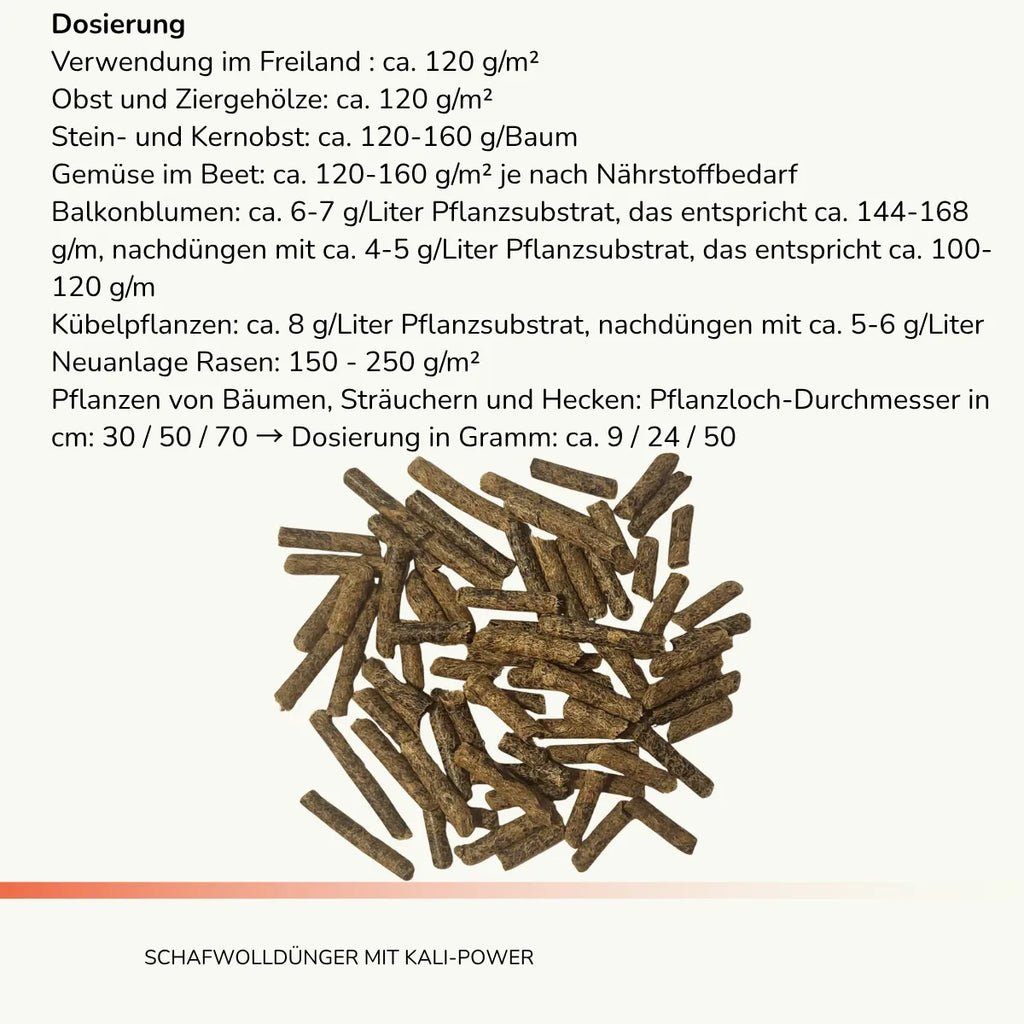 Dosierung
Freiland : ca. 120 g/m²
Obst und Ziergehölze: ca. 120 g/m²
Stein- und Kernobst: ca. 120-160 g/Baum
Gemüse im Beet: ca. 120-160 g/m² je nach Nährstoffbedarf
Balkonblumen: ca. 6-7 g/Liter Pflanzsubstrat, das entspricht ca. 144-168 g/m, nachdüngen mit ca. 4-5 g/Liter, das entspricht ca. 100-120 g/m
Kübelpflanzen: ca. 8 g/Liter Pflanzsubstrat, nachdüngen mit ca. 5-6 g/Liter 
Neuanlage Rasen: 150 - 250 g/m²
Bäume pflanzen:  Pflanzloch-Durchmesser in cm: 30 / 50 / 70 → ca. 9 / 24 / 50 g