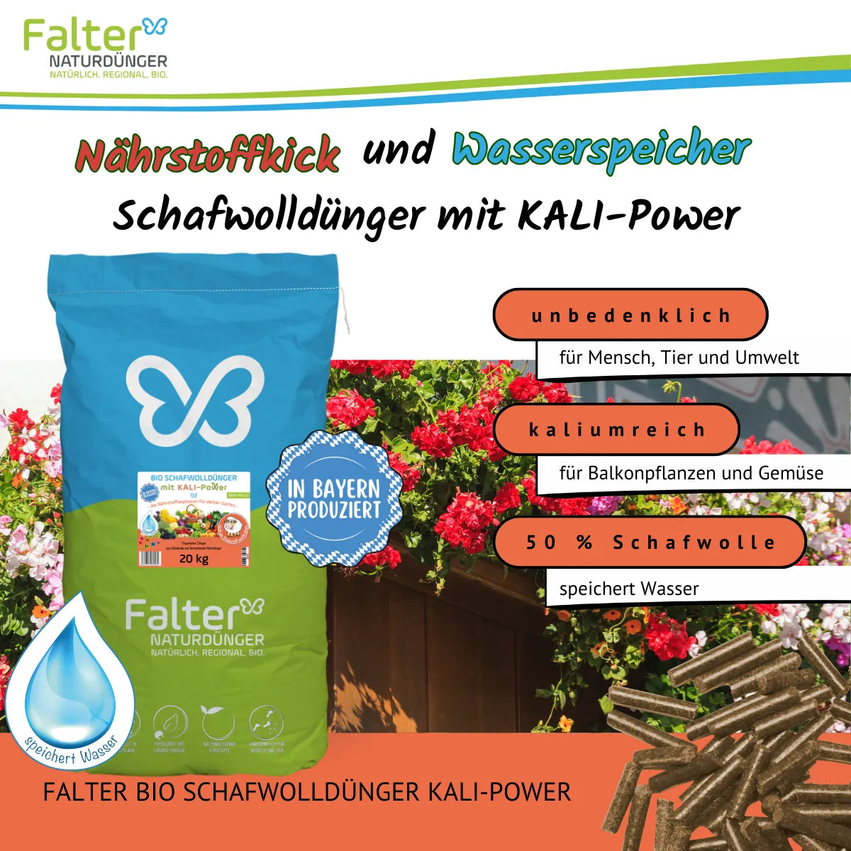 Falter BIO Schafwolldünger mit KALI-Power 20 kg: Nährstoffkick und Wasserspeicher. Unbedenklich für Mensch, Tier und Umwelt. Kaliumreich für Balkonpflanzen und Gemüse. Mit Schafwolle: speichert Wasser.