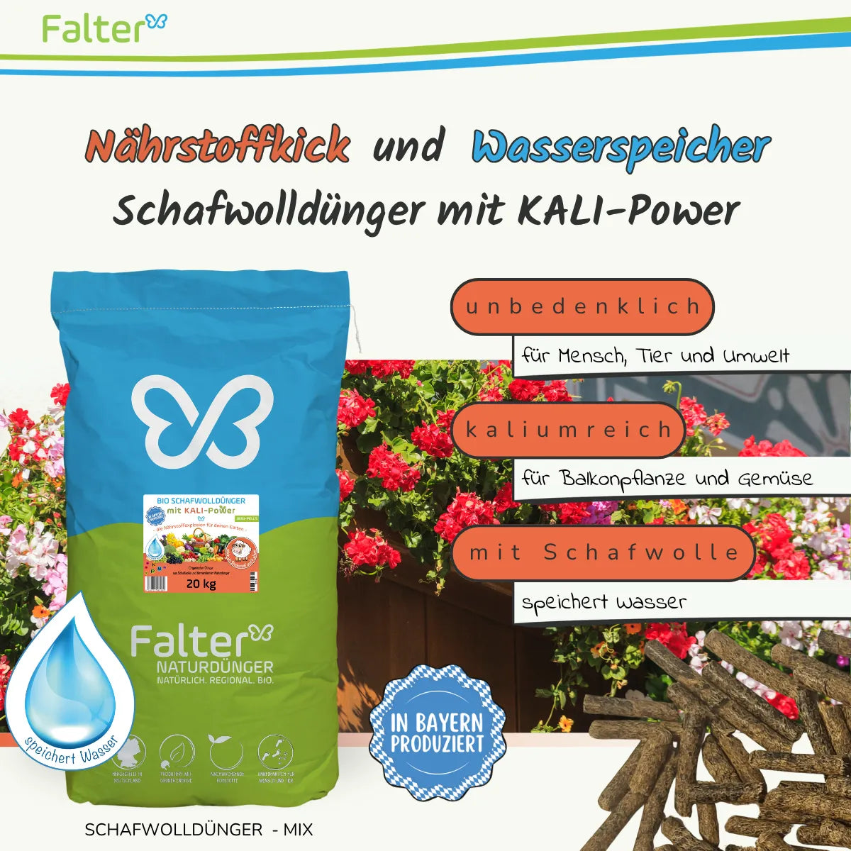 Falter BIO Schafwolldünger mit KALI-Power 20 kg: Nährstoffkick und Wasserspeicher. Unbedenklich für Mensch, Tier und Umwelt. Kaliumreich für Balkonpflanzen und Gemüse. Mit Schafwolle: speichert Wasser.