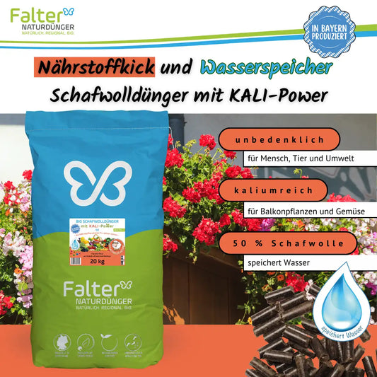 Nährstoffkcik und Wasserspeicher: Schafwolldünger mit KALI-Power. Unbedenklich für Mensch, Tier und Umwelt. Kaliumreich für Balkonpflanzen und Gemüse. 50 % Schafwolle: speichert Wasser.
