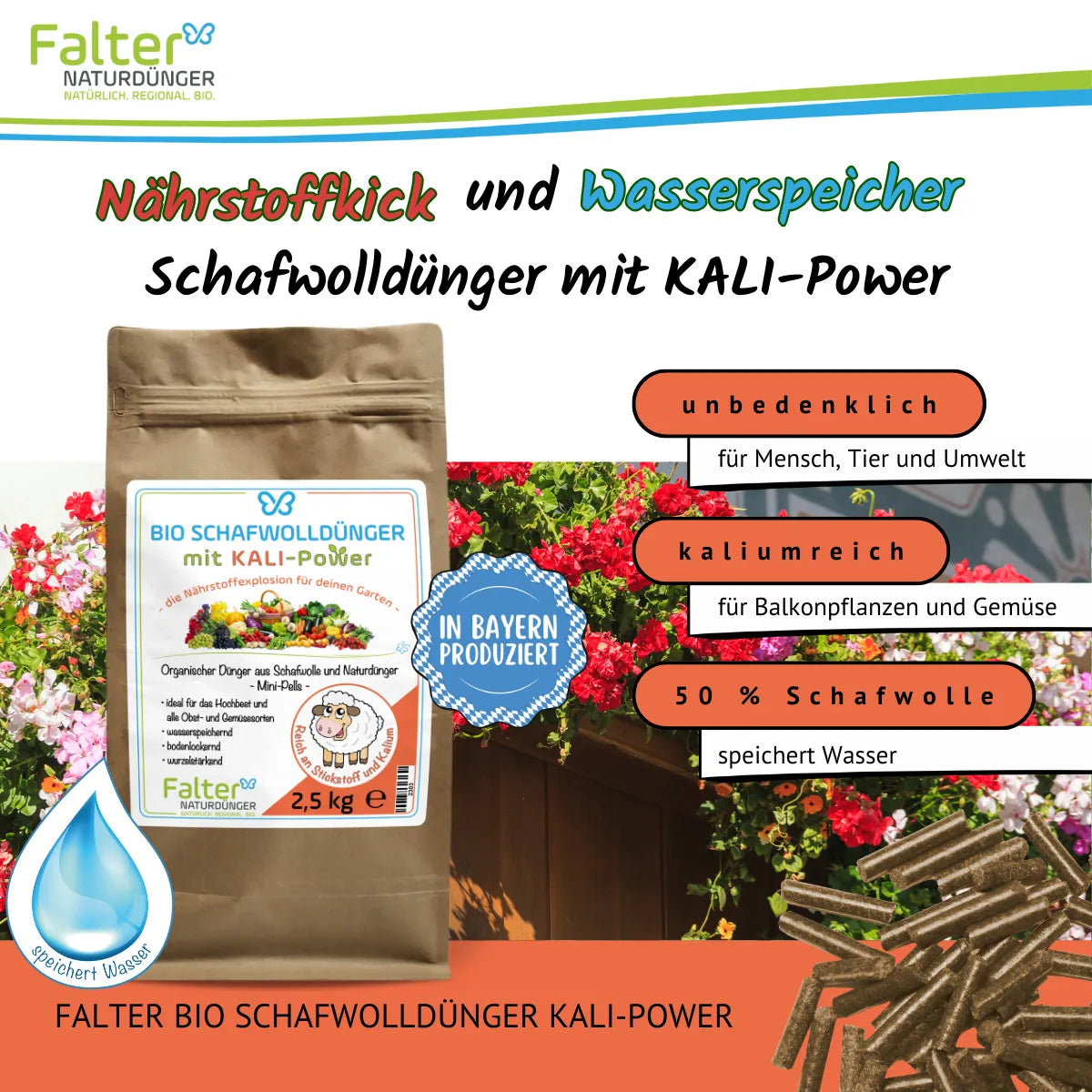 Falter BIO Schafwolldünger mit KALI-Power 2500 g: Nährstoffkick und Wasserspeicher. Unbedenklich für Mensch, Tier und Umwelt. Kaliumreich für Balkonpflanzen und Gemüse. Mit Schafwolle: speichert Wasser.
