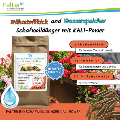 Falter BIO Schafwolldünger mit KALI-Power 2500 g: Nährstoffkick und Wasserspeicher. Unbedenklich für Mensch, Tier und Umwelt. Kaliumreich für Balkonpflanzen und Gemüse. Mit Schafwolle: speichert Wasser.